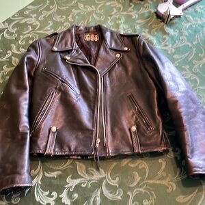 Brill Bros. Vintage black leather biker jacket small zippers snaps quilt lined